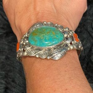 Turquoise and coral sterling silver bracelet
